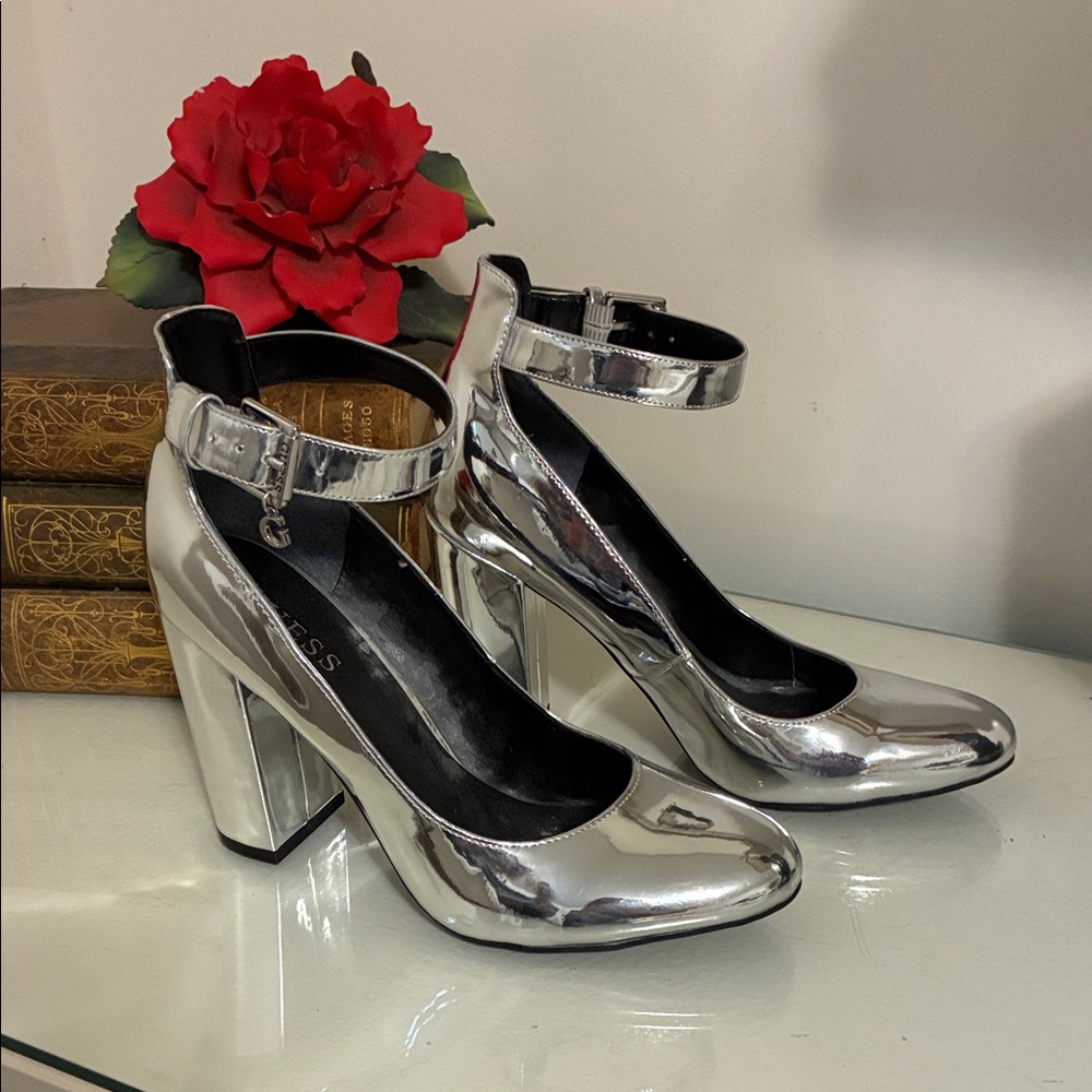 Guess Silver Ankle Strap Heels Size 8
